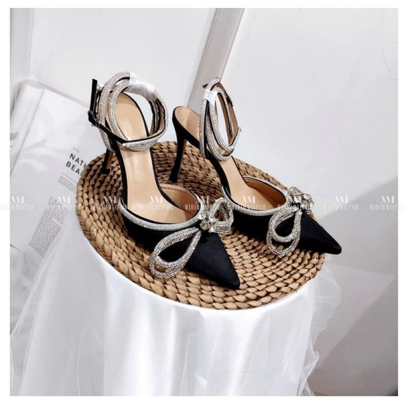Black Satin Diamante Bow Shoes Uk 36