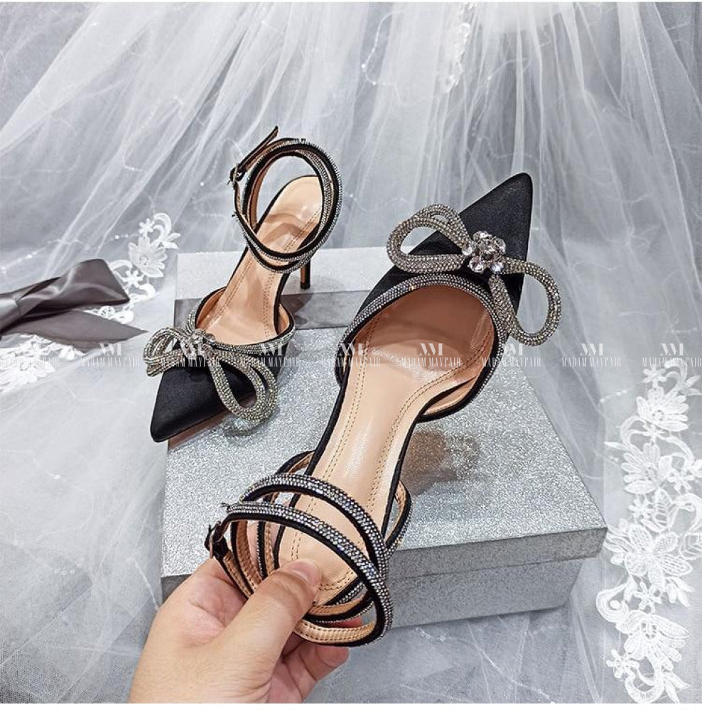 Black Satin Diamante Bow Shoes Madam Mayfair