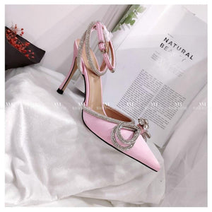 Pink Satin Diamante Bow Shoes
