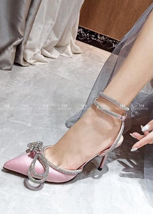 Pink Satin Diamante Bow Shoes