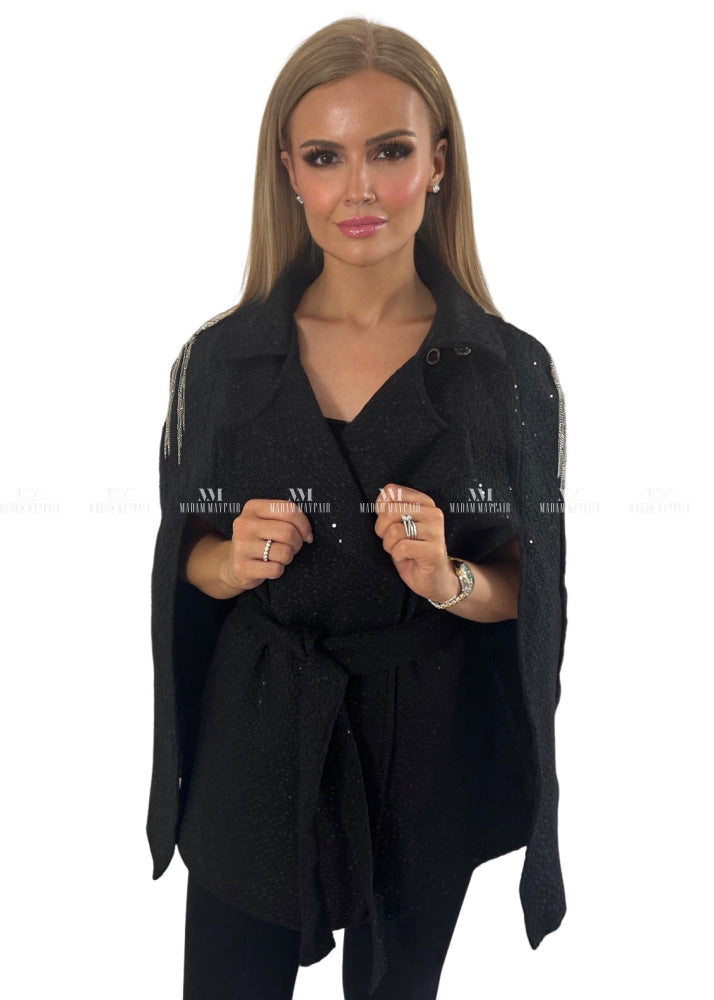 Reese Black Sequin Cape Tops