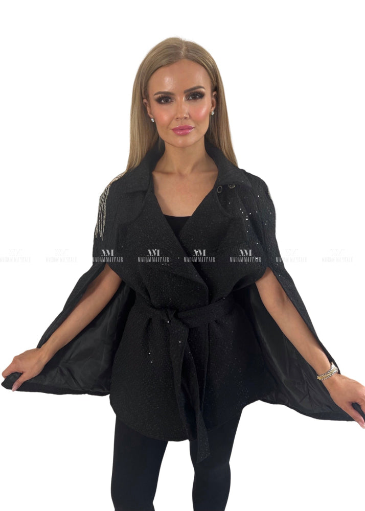 Reese Black Sequin Cape Tops
