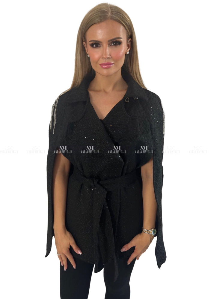 Reese Black Sequin Cape Tops