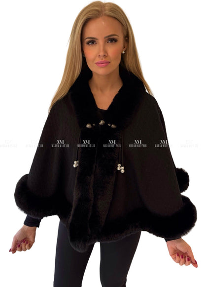 Virginia Black Fur Trim Cape